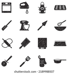 Symbole für Bäckereieinrichtungen. Black Scribble Design. Vektorgrafik.