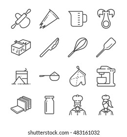 Bakery equipment icons. Included the icons as baker, flour, knife, egg, pie, milk and more.