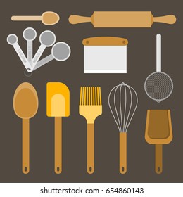 bakery equipment and utensils, such as measurement spoon, whisk, flour sifter, spatula, rolling pin, dough and bowl scraper, wooden spoon, flat design vector