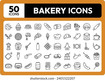 A bakery is an establishment that produces and sells flour-based food baked in an oven, such as bread, cookies, cakes, doughnuts, bagels, pastries, pies, etc. This pack includes all icons of bakery.