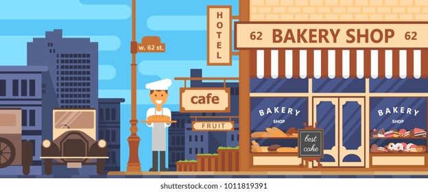 Bakery facade. Bakery facade. Crossroads of the metropolis. Bakery beginning of the 20th century. Retro style. Cakes and bread. Flat vector.
