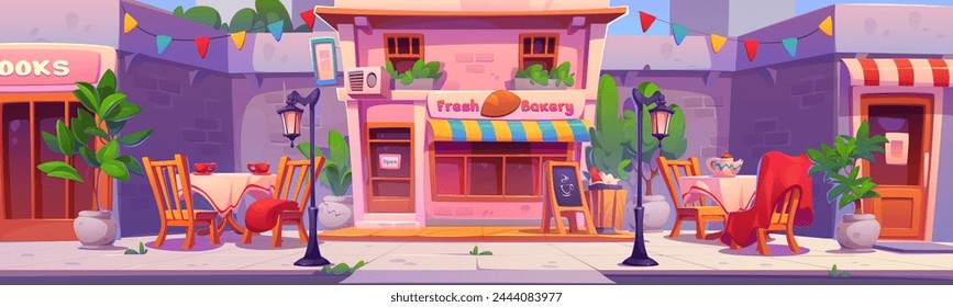 Bakery facade exterior with street cafe tables and chairs. Cartoon city landscape with restaurant outside - furniture with cup and teapot, seats with plaid, streetlights and trash can near entrance.