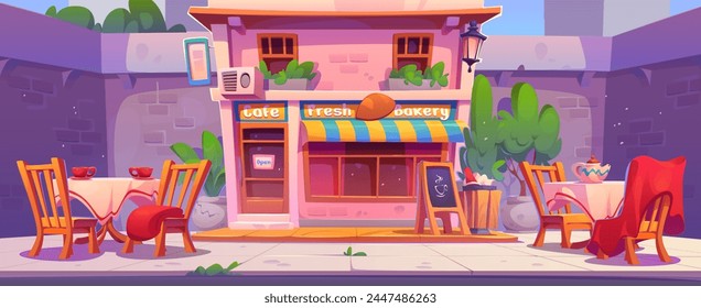 Bakery facade exterior with street cafe tables and chairs. Cartoon city landscape with restaurant outside - furniture with cup and teapot, seats with plaid and trash can near entrance.