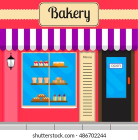 Bakery facade in flat style. EPS10 vector illustration of city public building square architecture. Small business bake shop design.