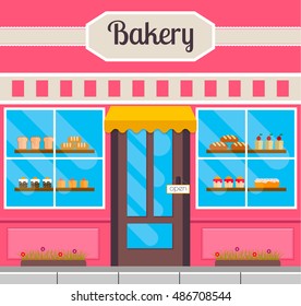 Bakery facade in flat style. EPS10 vector illustration of city public building square architecture. Small business bake shop design.