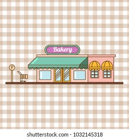 Bakery facade. Bakery shop building.  Showcase with sweets. Cakes and bread. Flat vector.