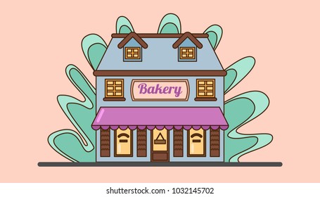 Bakery facade. Bakery shop building.  Showcase with sweets. Cakes and bread. Flat vector.