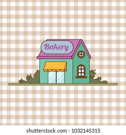 Bakery facade. Showcase with sweets. Cakes and bread. Flat vector.
