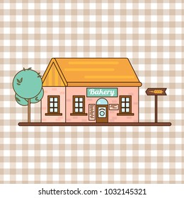 Bakery facade. Showcase with sweets. Cakes and bread. Flat vector.