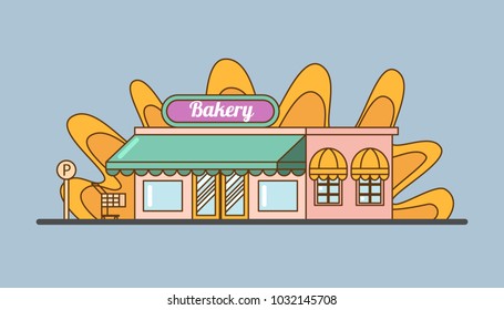 Bakery facade. Showcase with sweets. Cakes and bread. Flat vector.