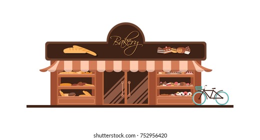 Bakery facade. Showcase with sweets. Cakes and bread. Flat vector.