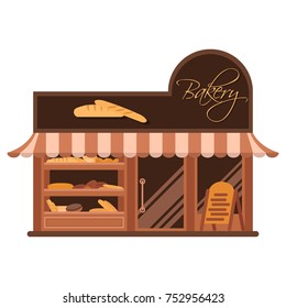 Bakery facade. Showcase with sweets. Cakes and bread. Flat vector.
