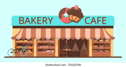 Bakery facade. Showcase with sweets. Cakes and bread. Flat vector esp 10. 