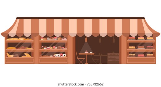 Bakery facade. Showcase with sweets. Cakes and bread. Flat vector esp10.