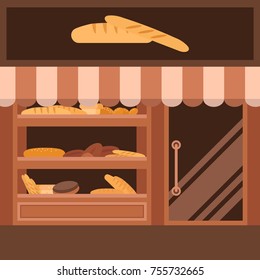 Bakery facade. Showcase with sweets. Cakes and bread. Flat vector.
