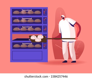 Bakery Factory and Bread Production Concept. Baker Character Put Raw Loafs to Huge Oven for Baking. Worker Cooking Baked Food on Modern Confectionery Manufacture. Cartoon Flat Vector Illustration