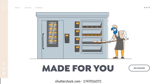 Bakery Factory and Bread Production Landing Page Template. Baker Character Put Raw Loafs to Oven for Baking. Worker Cooking Baked Food on Modern Confectionery Manufacture. Linear Vector Illustration