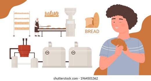 Bakery factory food industry, production process with baking bread vector illustration. Cartoon young boy character holding croissant baked product from bakery, baker chef worker cooking background