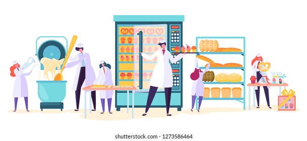 Bakery Factory Food Production Character. Bread Baker Machine Industry Plant. Worker Make Cake Dough in Modern Manufacture Confectionery Interior Flat Cartoon Vector Illustration Set