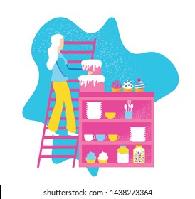 Bakery Factory Food Production Character. Cartoon Vector Illustration flat design. baking sweets cakes cooking cafe woman dishes  isolated  Dessert plate cupcake
