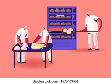 Bakery Factory and Food Production Concept. Bakers Characters Kneading Dough and Put Raw Bread Loafs to Oven for Baking. Workers on Modern Confectionery Manufacture. Cartoon Flat Vector Illustration