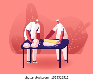 Bakery Factory and Food Production Concept. Male and Female Bakers Characters Kneading Dough on Table for Baking Bread. Workers on Modern Confectionery Manufacture. Cartoon Flat Vector Illustration