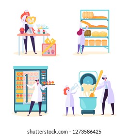 Bakery Factory Food Production Machine Set. Bread Baking Industry Equipment Collection with People Worker Character. Cake Dough in Modern Pastry Manufacture Flat Cartoon Vector Illustration