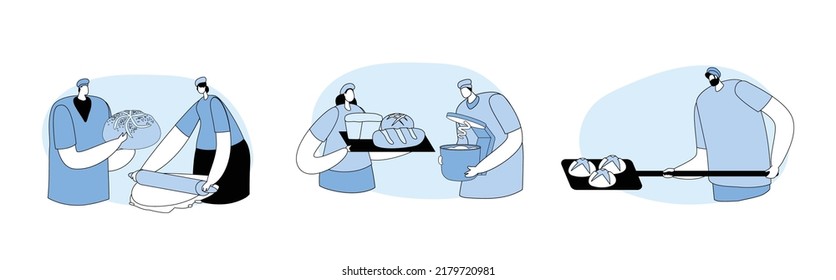 Bakery Factory and Food Production Modern Manufacture Concept. Bakers Characters Kneading and Mixing Dough, Put Raw Bread Loafs to Oven for Baking. Bakehouse Workers. Line Art Flat Vector Illustration