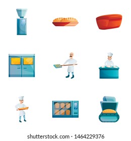 Bakery factory icon set. Cartoon set of 9 bakery factory vector icons for web design isolated on white background