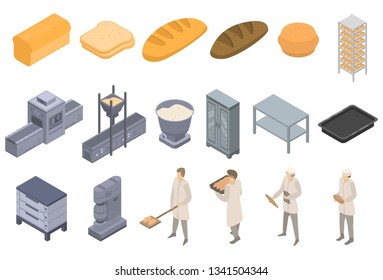 Bakery factory icons set. Isometric set of bakery factory vector icons for web design isolated on white background