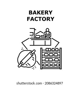 Bäckerei Fabrik Vektorsymbol Konzept. Bäckereiwerksarbeiter, die Teig zum Backen von Konditorei-Cookies und Kuchen zubereiten, Arbeit Mann kontrollieren Qualität auf Lager oder Anlagen Schwarze Illustration