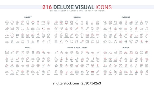 Bakery, farming, honey and bee apiary line icon set. Vegetables and fruit of farm garden and livestock, baking ingredients and equipment thin black and red outline symbols vector illustration