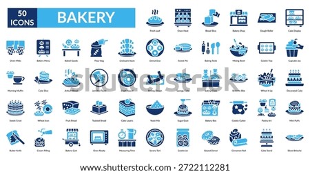 Bakery Fill Icon Set. Fresh Loaf, Oven Heat, Bread Slice, Bakery Shop, Dough Roller, Cake Display, Cupcake Joy