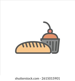 bakery filled outline icon. bread and cupcake color line illustration.
