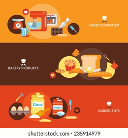 Bakery flat banner set with products ingredients baker equipment isolated vector illustration.