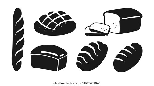 Bakery flat black icon set. Bread rye, whole grain and wheat loaf bread and french baguette, ciabatta. Baked goods, design menu bakery pastry symbol. Stylish modern vector illustration