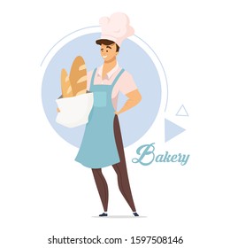 Bakery flat color vector illustration. Male baker. Baked products. Bread production. Bake shop. Food industry. Man in apron. Cook, chef. Isolated cartoon character on white background
