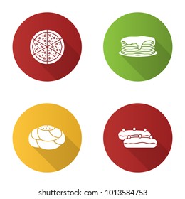 Bakery flat design long shadow glyph icons set. Pizza, pancakes stack, pastry bread, eclair. Vector silhouette illustration