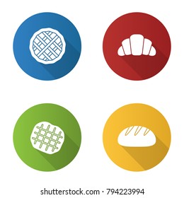 Bakery flat design long shadow glyph icons set. Pie, croissant, belgian waffle, round bread. Vector silhouette illustration