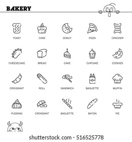 Bakery flat icon set. Collection of high quality outline symbols of bakery food for web design, mobile app. Vector thin line vector icons or logo of bread, cake, cupcake, donut, pie, etc.
