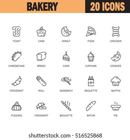 Bakery flat icon set. Collection of high quality outline symbols of bakery food for web design, mobile app. Vector thin line vector icons or logo of bread, cake, cupcake, donut, pie, etc.