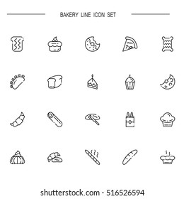 Bakery flat icon set. Collection of high quality outline symbols of bakery food for web design, mobile app. Vector thin line vector icons or logo of bread, cake, cupcake, donut, pie, etc.