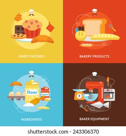 Bakery flat icons set with sweet pastries products ingredients baker equipment isolated vector illustration