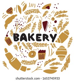 Bakery flat illustration. Muffin, croissant, cake, donut illustration. Hand drawn flat illustration for your design
