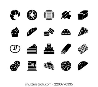 Bakery flat line icons set. Bread, cupcake, cake, Donut, Cookie and Pie. Simple flat vector illustration for store, web site or mobile app.