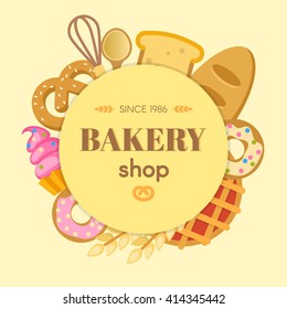 Bakery flat round composition with whisk spoon bread cupcake bagel donut wheat on beige background vector illustration