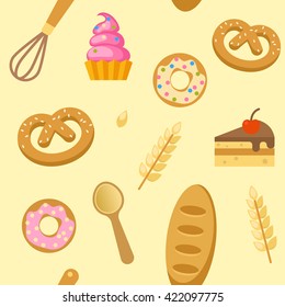 Bakery flat seamless pattern with donuts bagels piece of cake whisk spoon on beige background vector illustration
