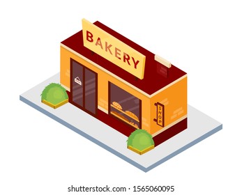 Bakery flat vector illustration. Pasrty shop isolated on white background. Bakeshop facade exterior. Isometric bakehouse with showcase. Bread, croissants, buns. Baking food store building