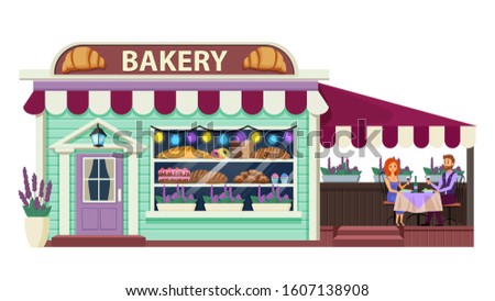 Bakery flat vector illustration. Pastry cafe exterior. Bakeshop front view. Patisserie establishment with vitrine and terrace. French cafeteria building. Storefront cartoon background