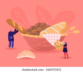 Bakery, Flour Products, Sweet Food Concept. Tiny Woman Holding Huge Cupcake with Chocolate Sprinkles. Pastry Muffin Treat Confectionery Man Take Fresh Bread from Plate. Flat Vector Illustration